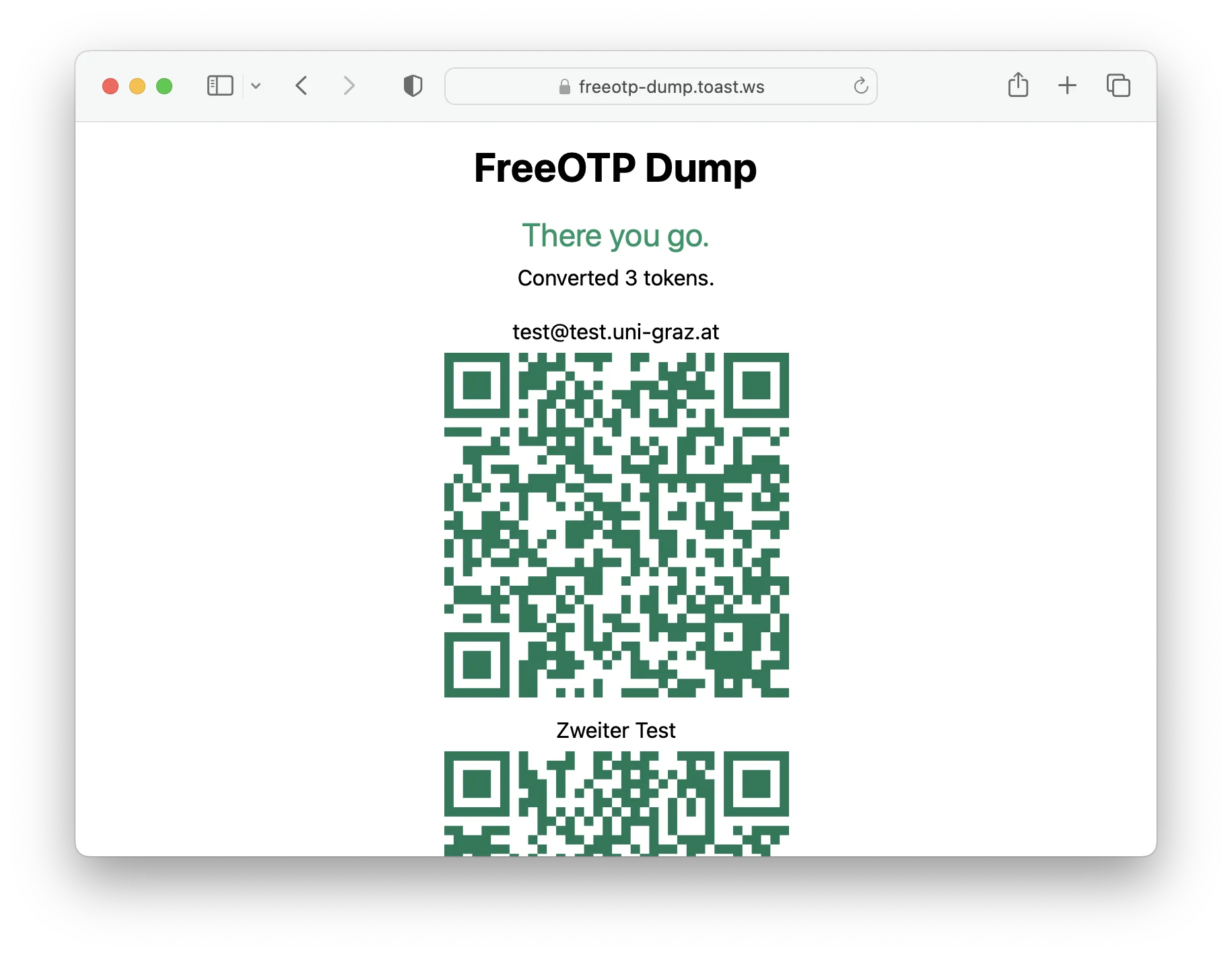 Screenshot of the application's page showing the resulting QR codes