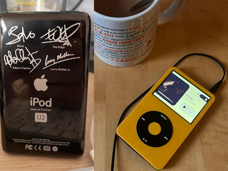 Image collage of the modded iPod. On the left a picture of the U2 back-plate and on the right playing a song from the album "five seconds flat" by Lizzy McAlpine