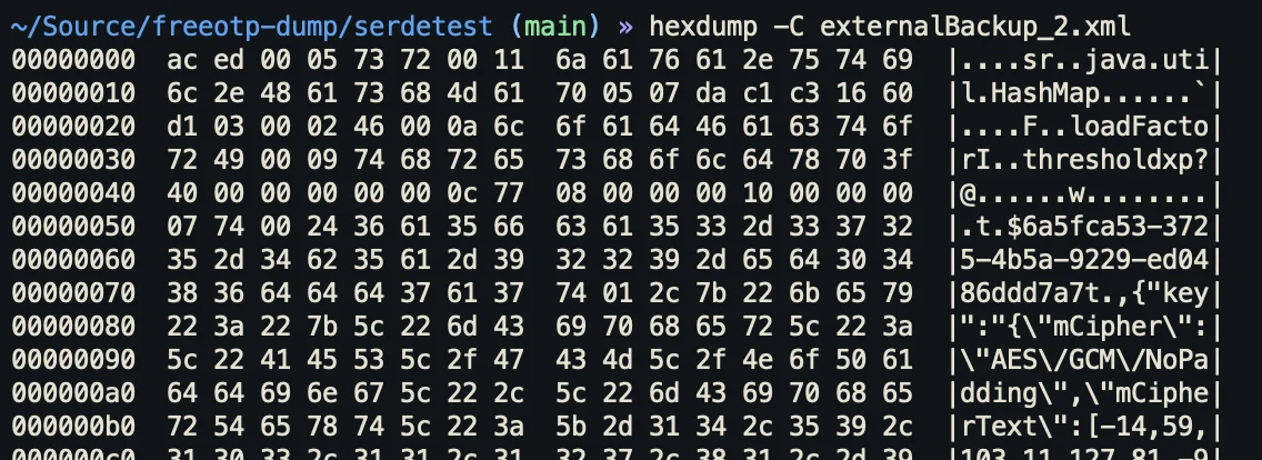 A hexdump of the export file created by FreeOTP